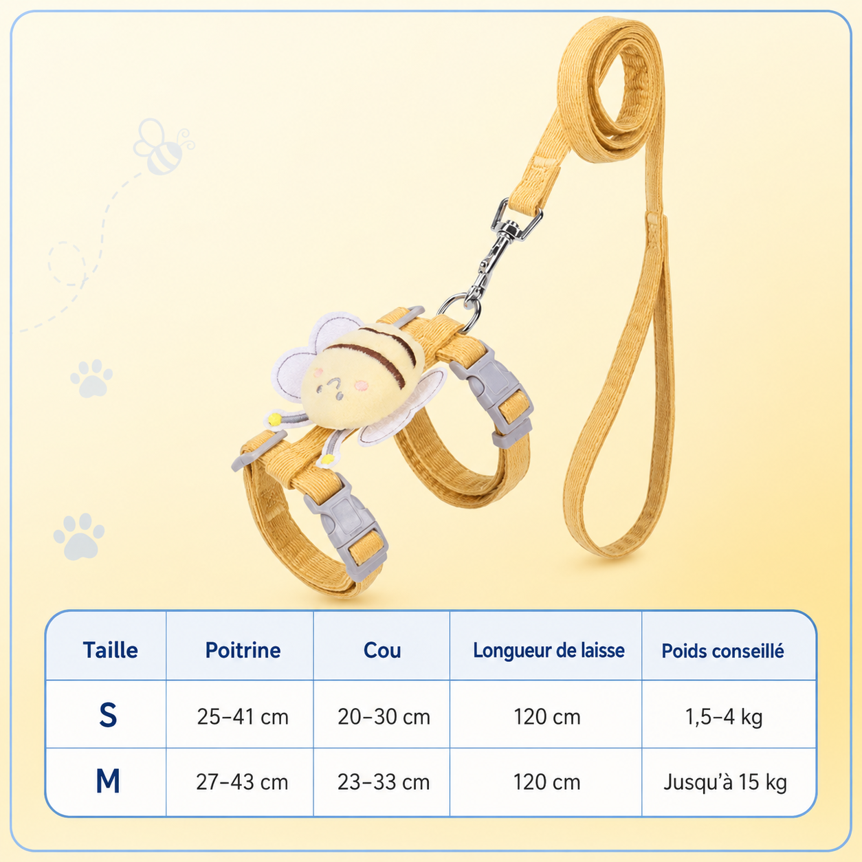 Harnais et Laisse pour Chat – Kit Promenade Anti-Évasion Réglable avec Motif Abeille