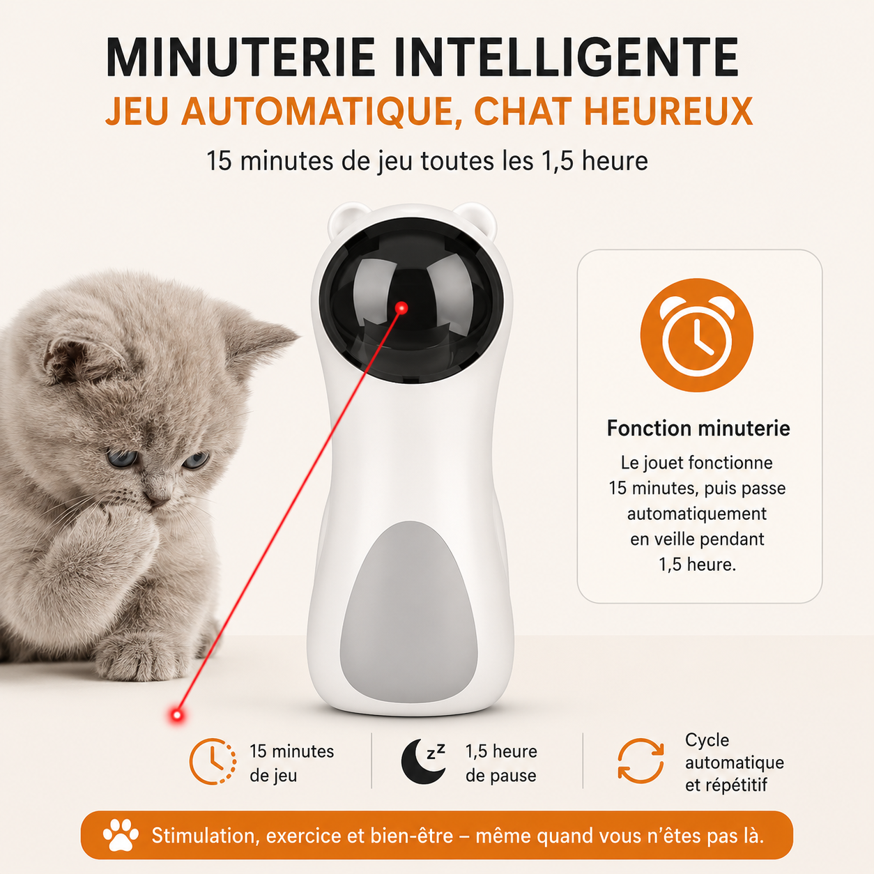 Felineau Jouet Laser Automatique pour Chat avec Rotation 360°, Minuterie Intelligente et Vitesses Réglables