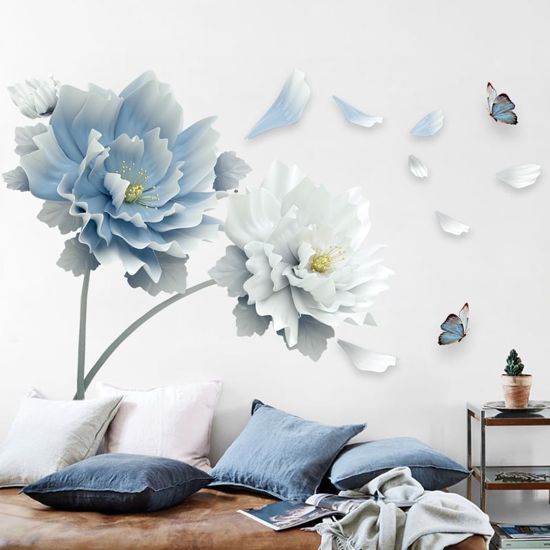 Autocollant mural floral à pivoines et papillons