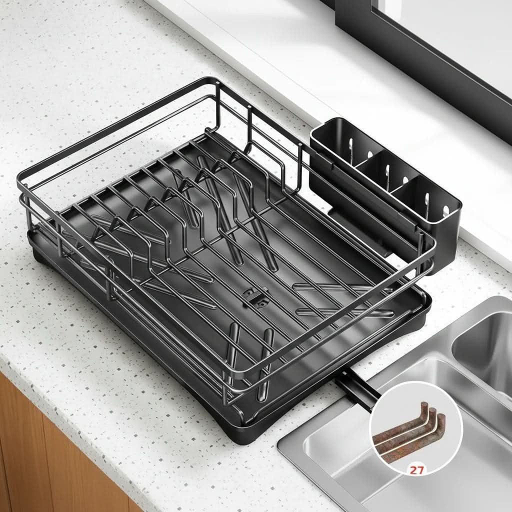 Égouttoir à vaisselle extensible avec plateau de drainage