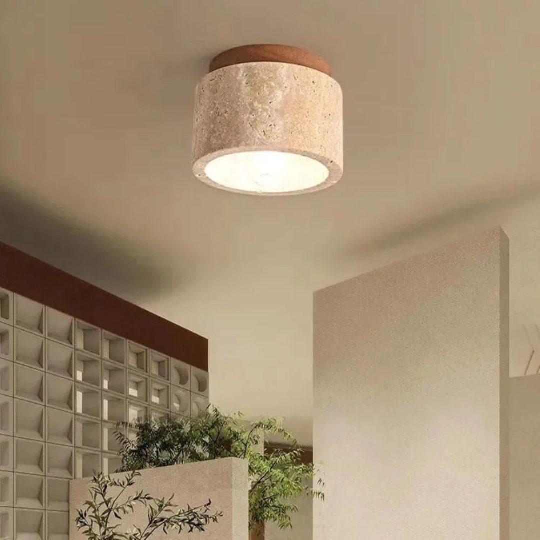 Plafonnier LED en travertin avec base en bois