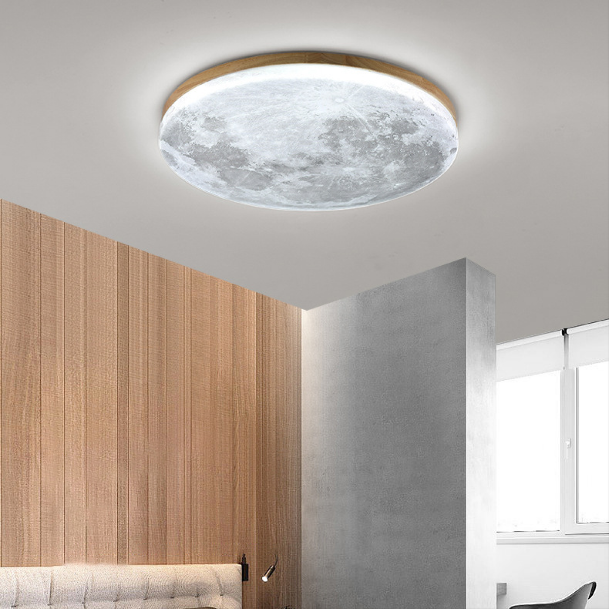 Plafonnier LED à décor de lune avec cadre en bois