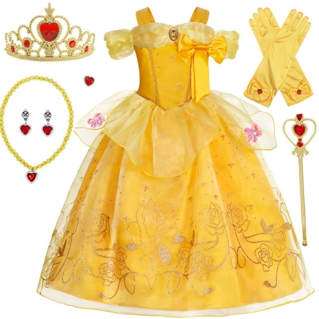 Robe de princesse jaune avec diadème et accessoires