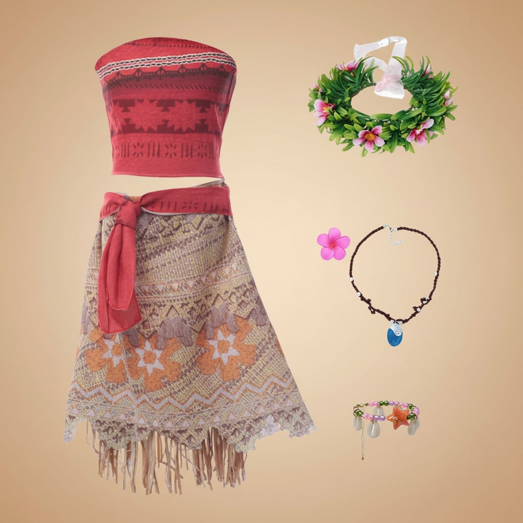Déguisement tropical à haut et jupe frangée avec accessoires