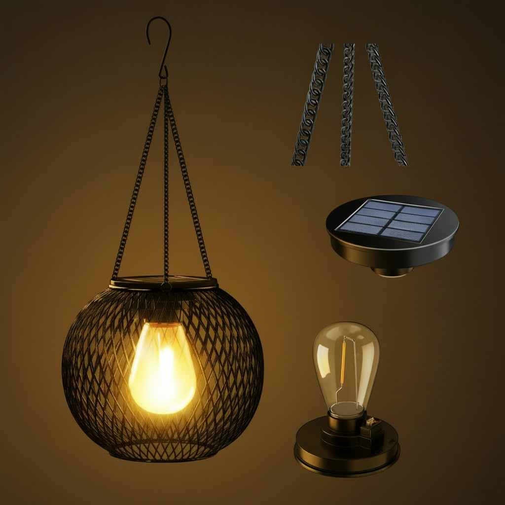 Lanterne solaire suspendue en métal grillagé à ampoule LED