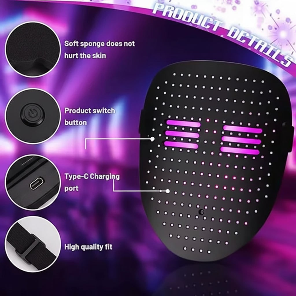 Masque LED intégral rechargeable USB-C à motifs animés