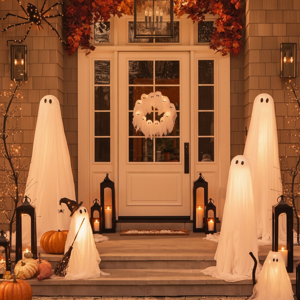 Couronne d'Halloween en gaze avec fantômes lumineux LED