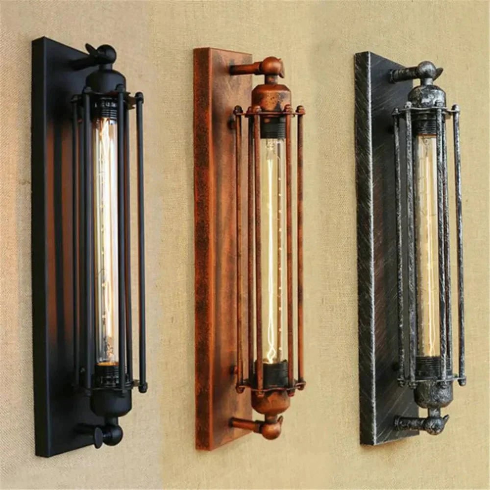 Applique en métal à cage cylindrique et lumière ambrée