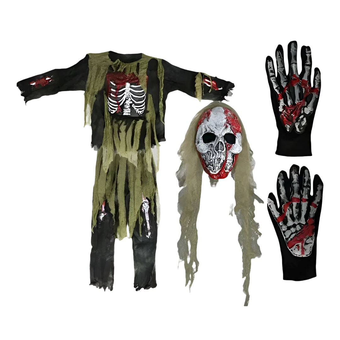 Déguisement enfant de squelette zombie avec masque et gants