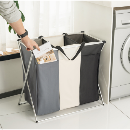 Panier à linge pliable à trois compartiments et structure aluminium