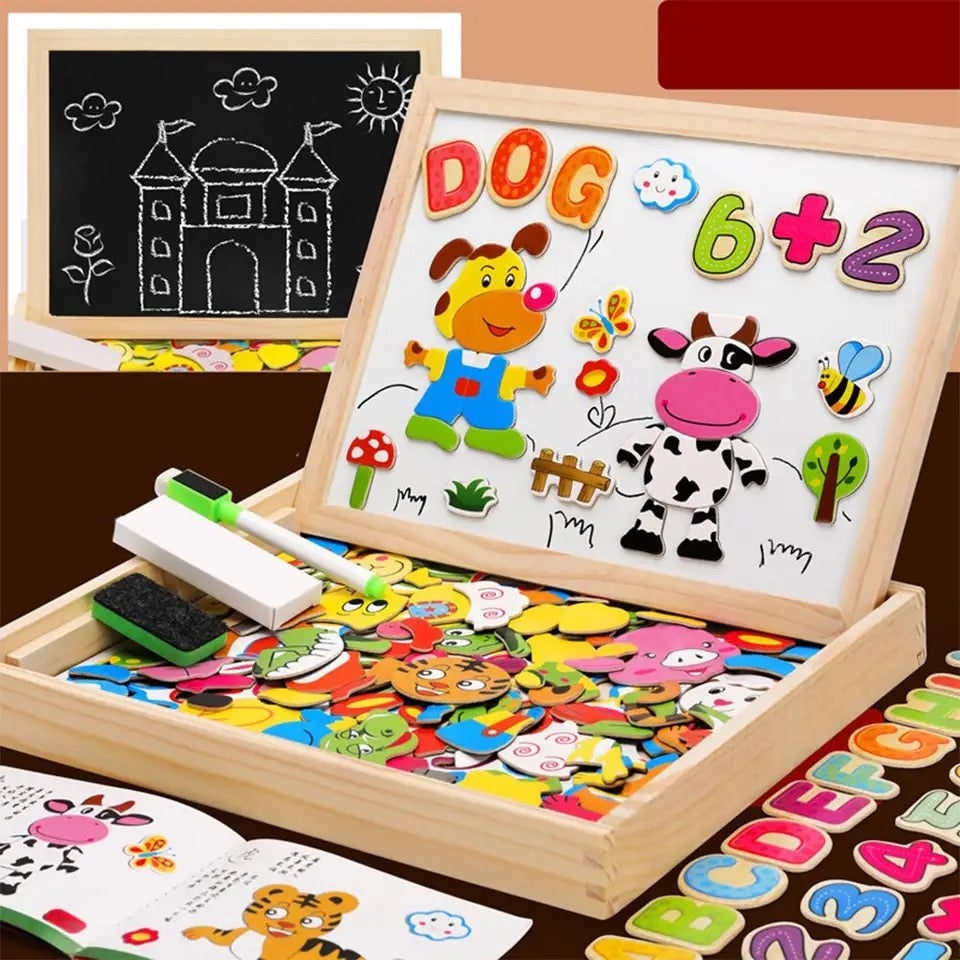 Tableau magnétique et ardoise double face en coffret bois