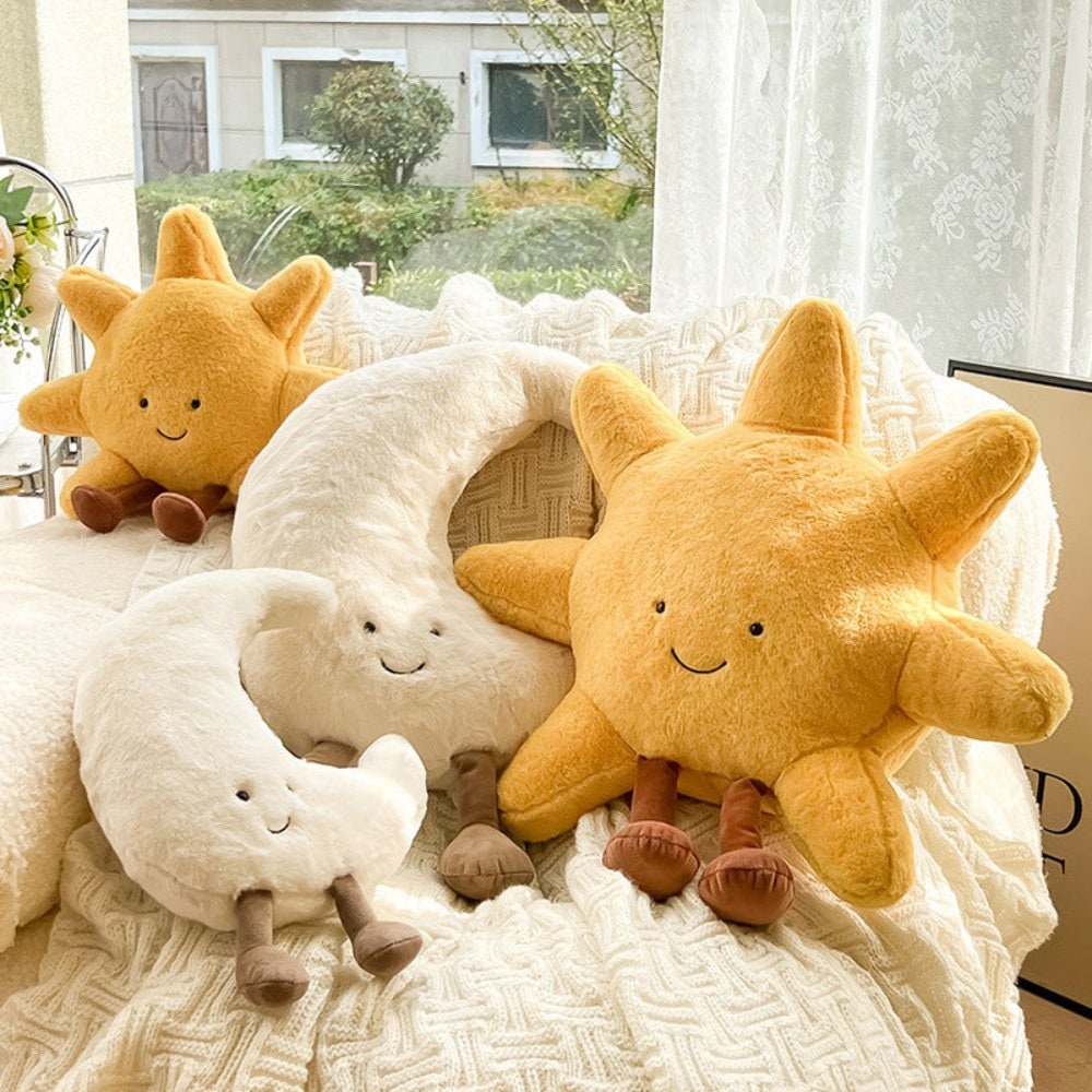 Coussin décoratif en peluche soleil ou lune à visage brodé