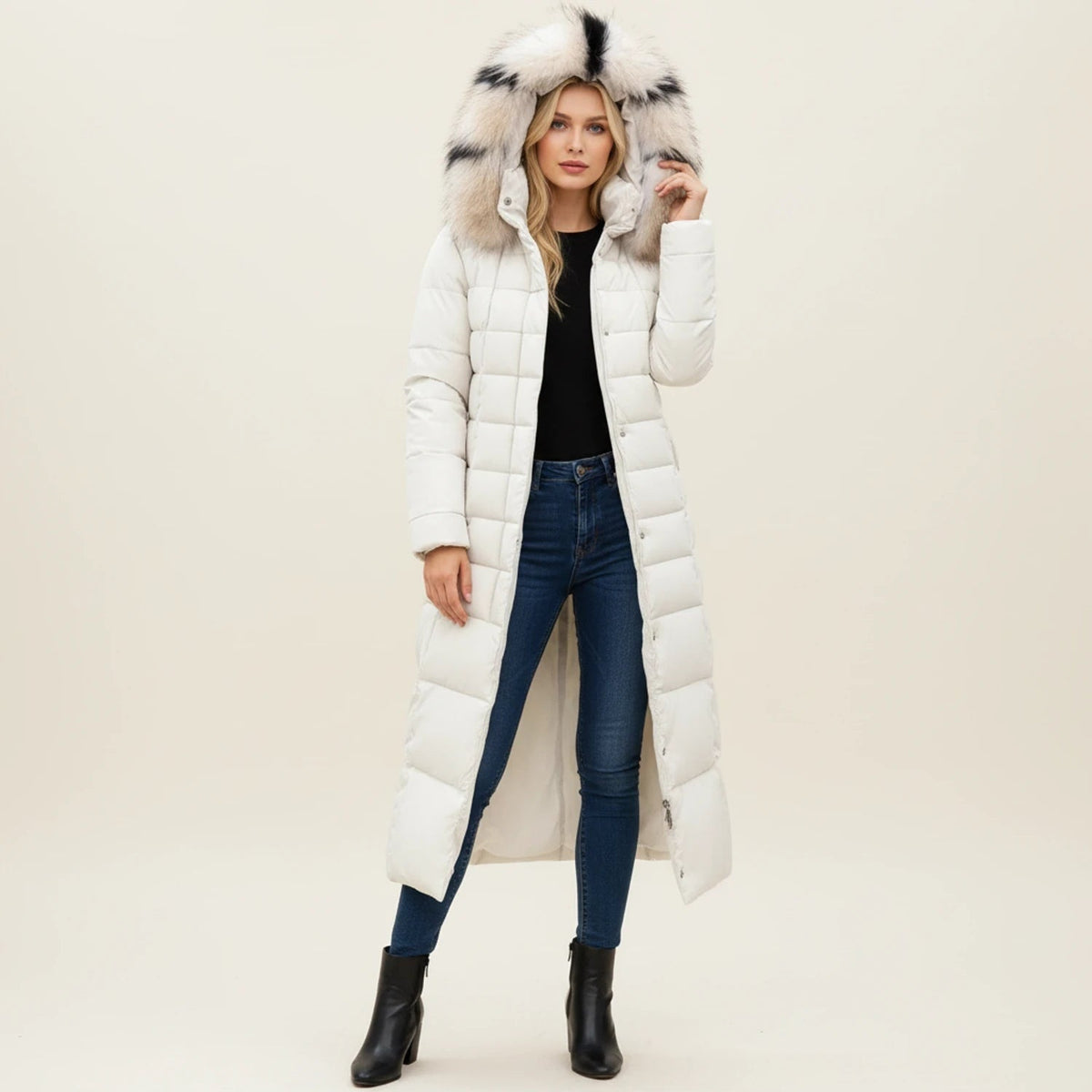 Doudoune longue pour femme avec ceinture et capuche bordée de fausse fourrure