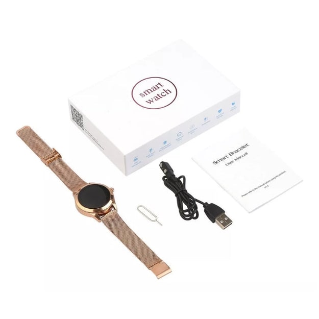 Montre connectée ronde pour femme avec bracelet métallique réglable