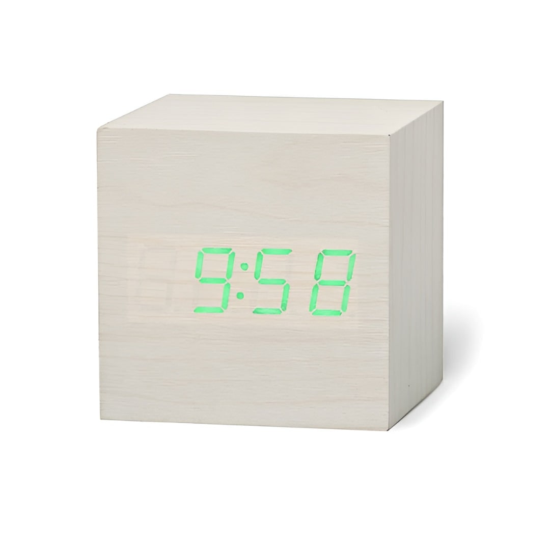 Réveil numérique cubique effet bois avec thermomètre
