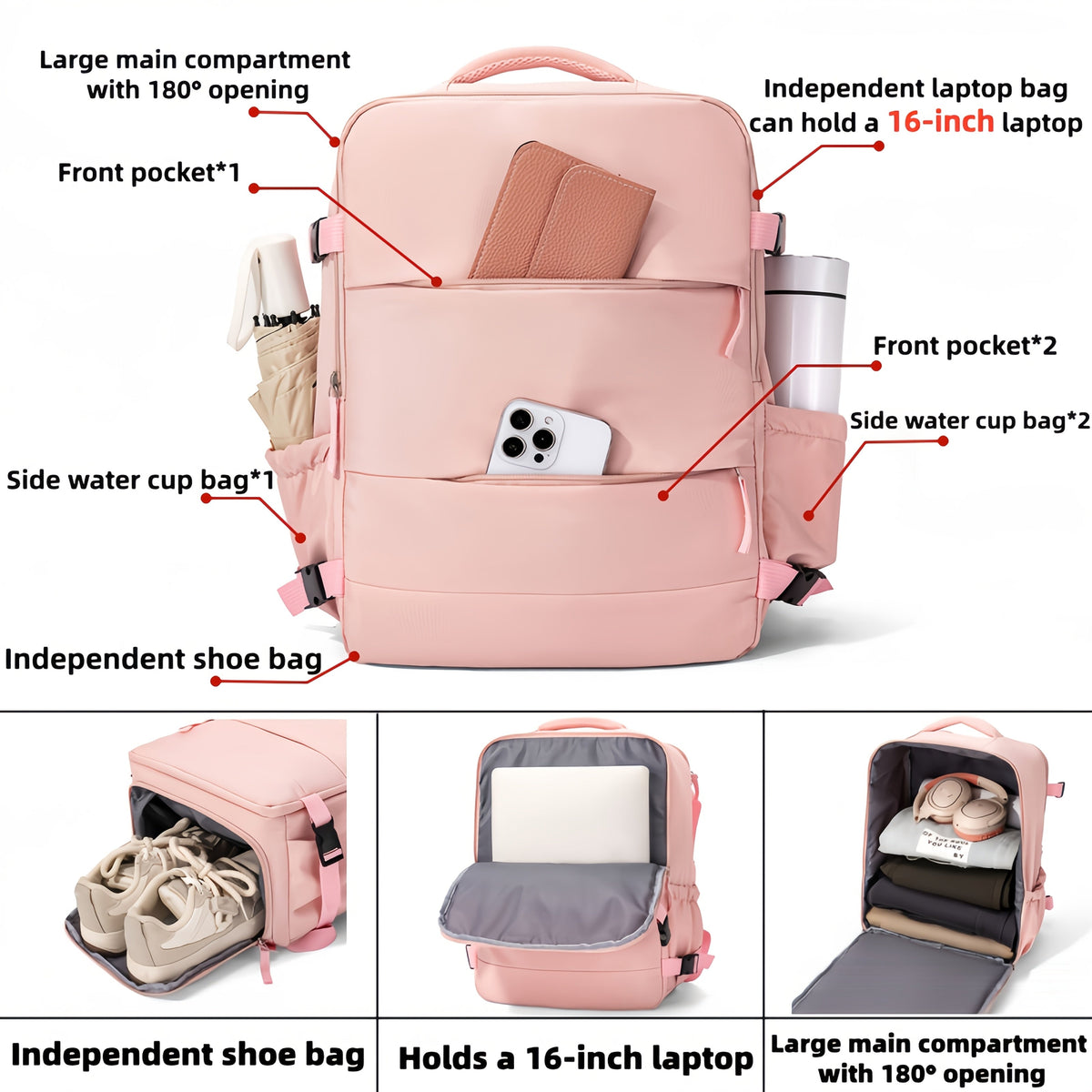 Sac à dos de voyage avec compartiment chaussures, 40 × 30 × 20 cm