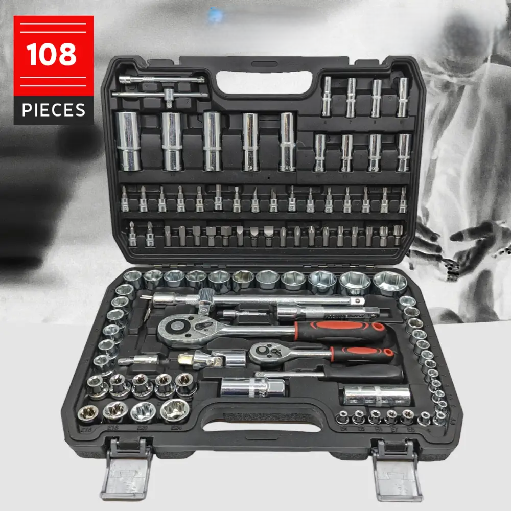 Coffret de douilles et cliquets en chrome-vanadium, 108 pièces