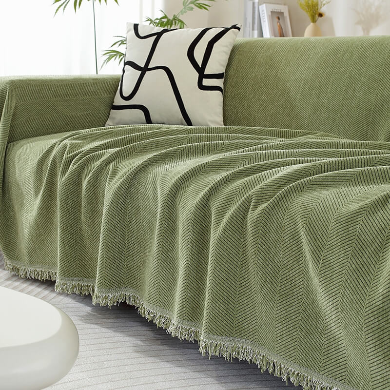 Jeté de canapé en chenille à chevrons et franges