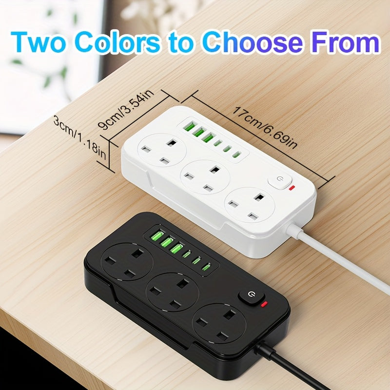 Multiprise britannique avec trois prises secteur et six ports USB, 2 m