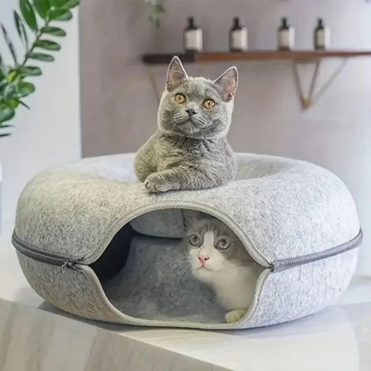 Panier pour Chat 3-en-1 – Maison pour Chat, Tunnel de Jeu et Griffoir Intégré