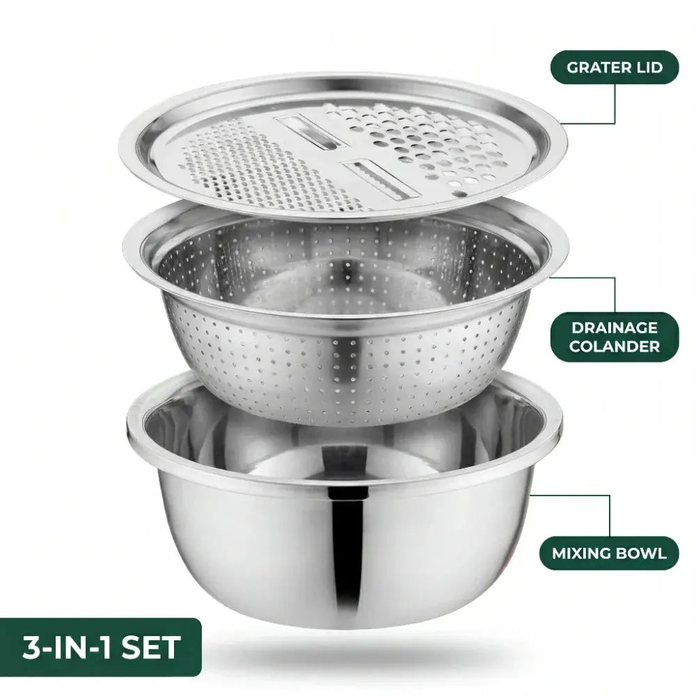 Ensemble bol mélangeur inox 3 en 1 avec passoire et couvercle râpe