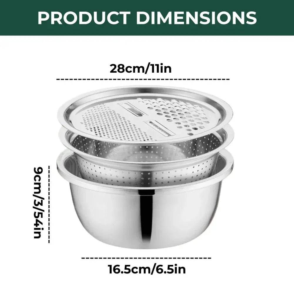 Ensemble bol mélangeur inox 3 en 1 avec passoire et couvercle râpe