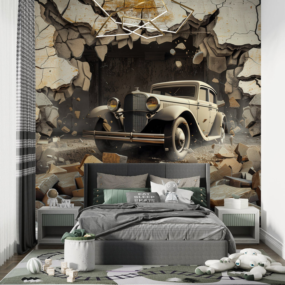 Papier peint panoramique 3D voiture ancienne et mur de briques