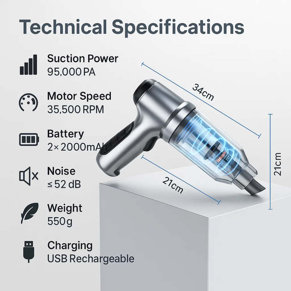 Aspirateur à main rechargeable USB-C avec fonction souffleur