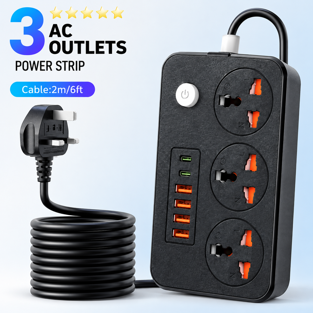 Multiprise britannique avec trois prises secteur et six ports USB, 2 m