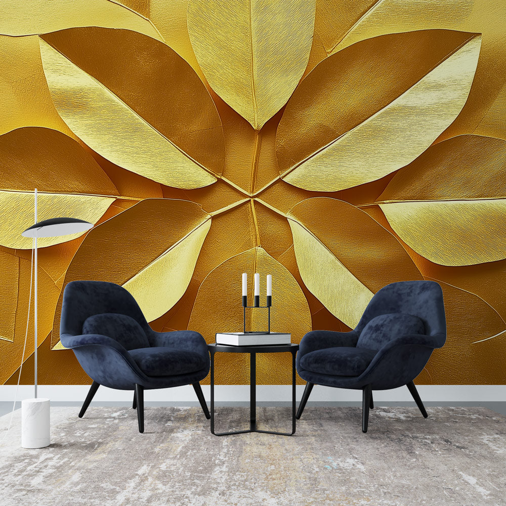 Papier peint 3D Art déco à motifs de feuilles dorées
