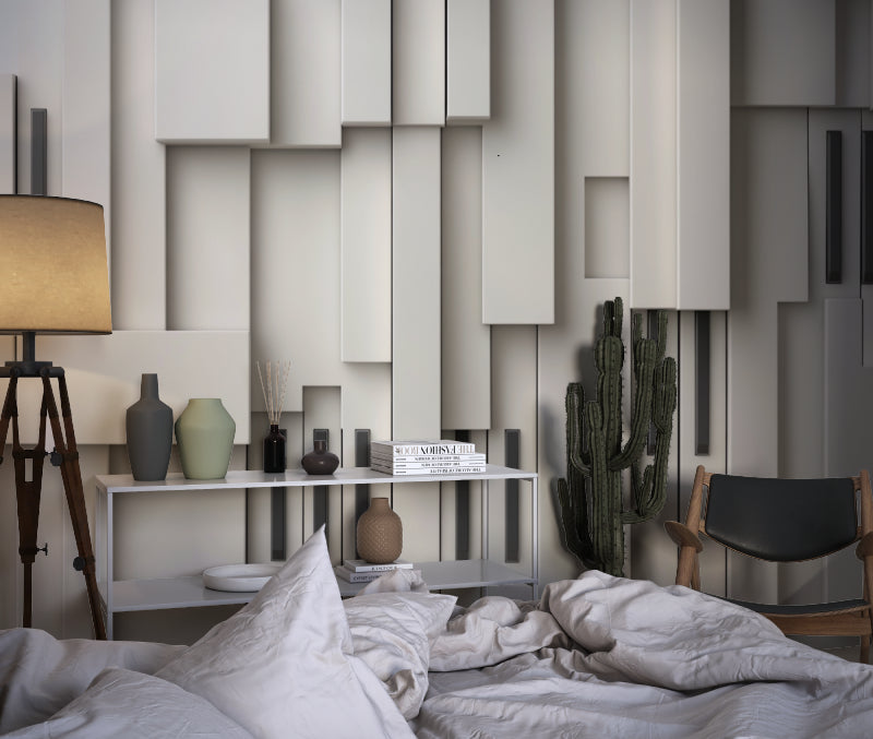 Papier peint géométrique 3D à effet de panneaux gris et beige