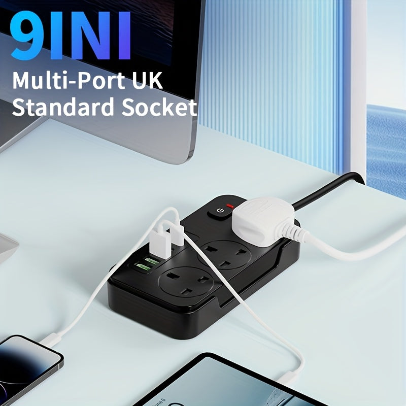 Multiprise britannique avec trois prises secteur et six ports USB, 2 m