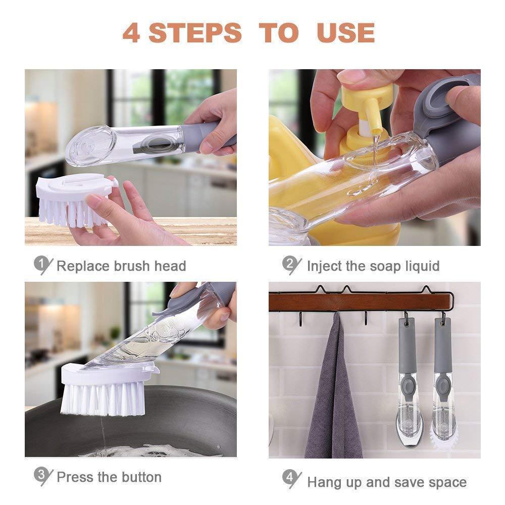Brosse à vaisselle à long manche – Distributeur de savon rechargeable avec têtes éponge – image 6