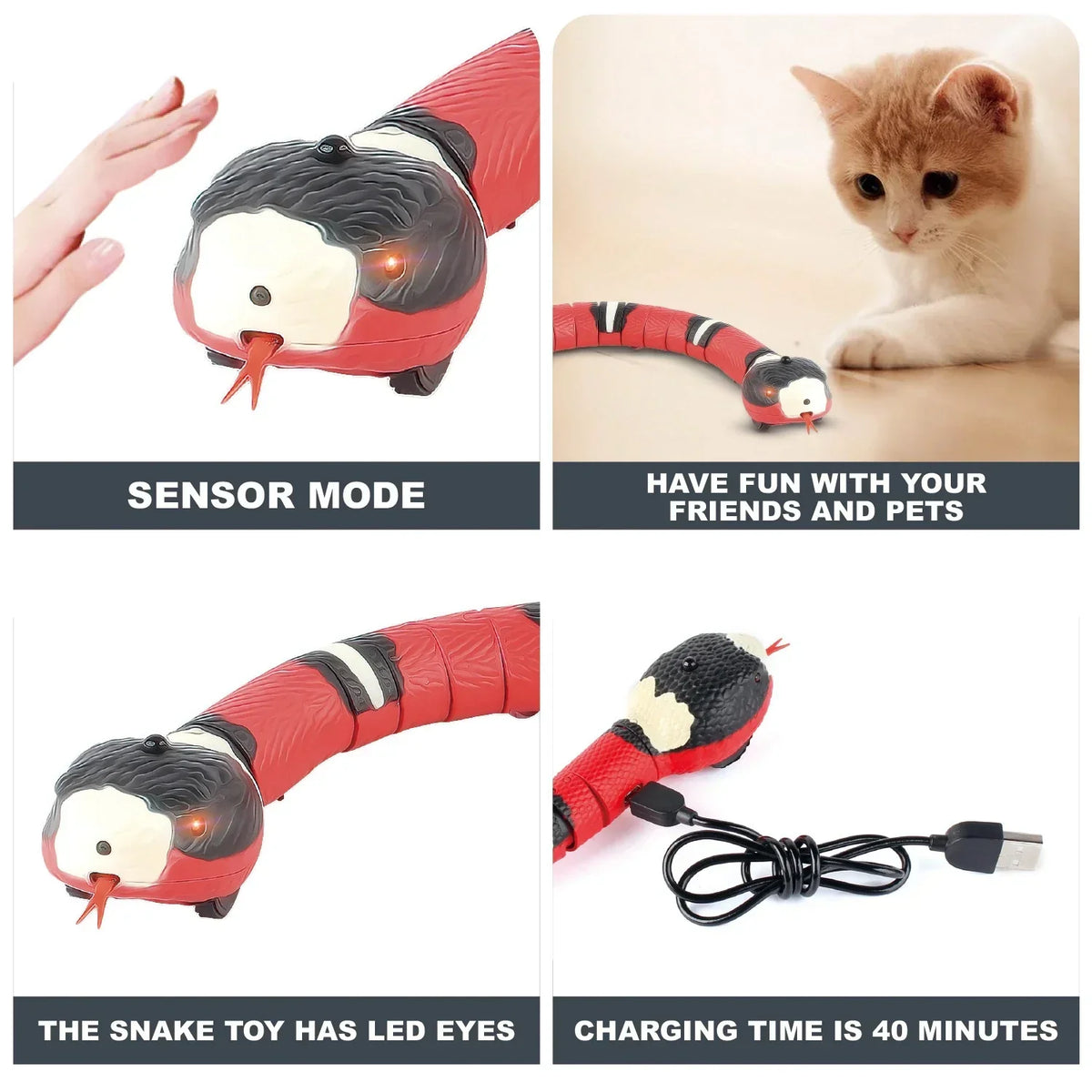 Jouet serpent rechargeable pour chat, 40 cm