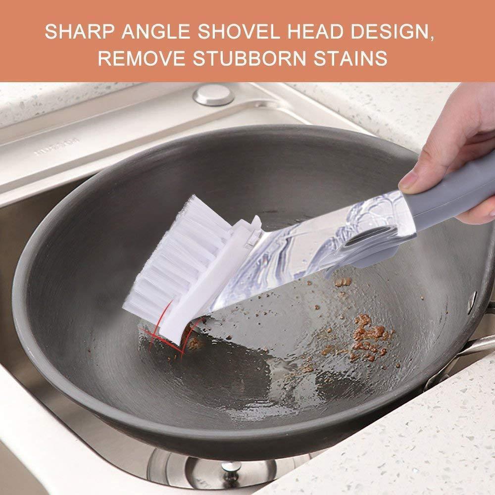 Brosse à vaisselle à long manche – Distributeur de savon rechargeable avec têtes éponge – image 4