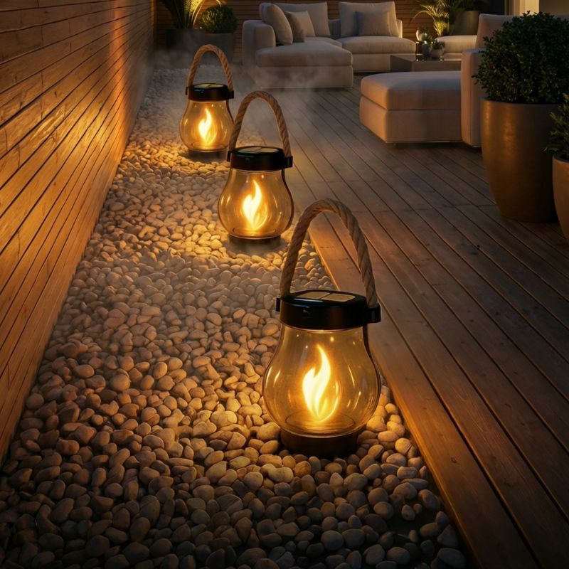 Lanterne solaire LED extérieure à effet flamme