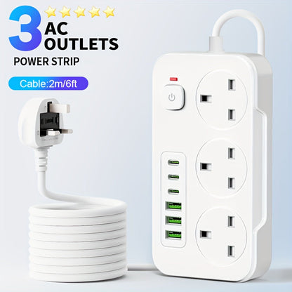 Multiprise britannique avec trois prises secteur et six ports USB, 2 m