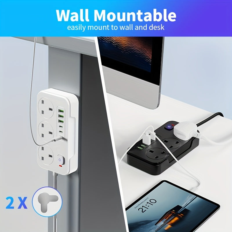 Multiprise britannique avec trois prises secteur et six ports USB, 2 m