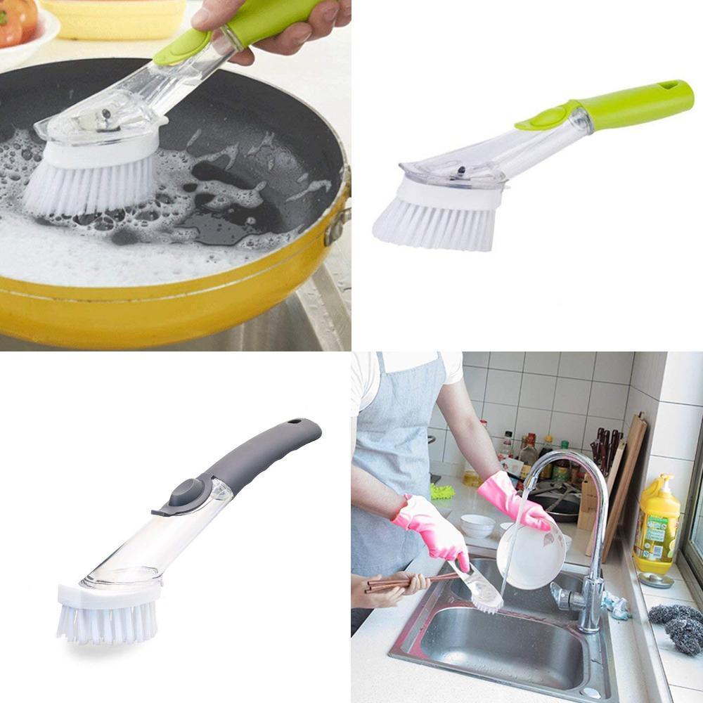 Brosse à vaisselle à long manche – Distributeur de savon rechargeable avec têtes éponge – image 5