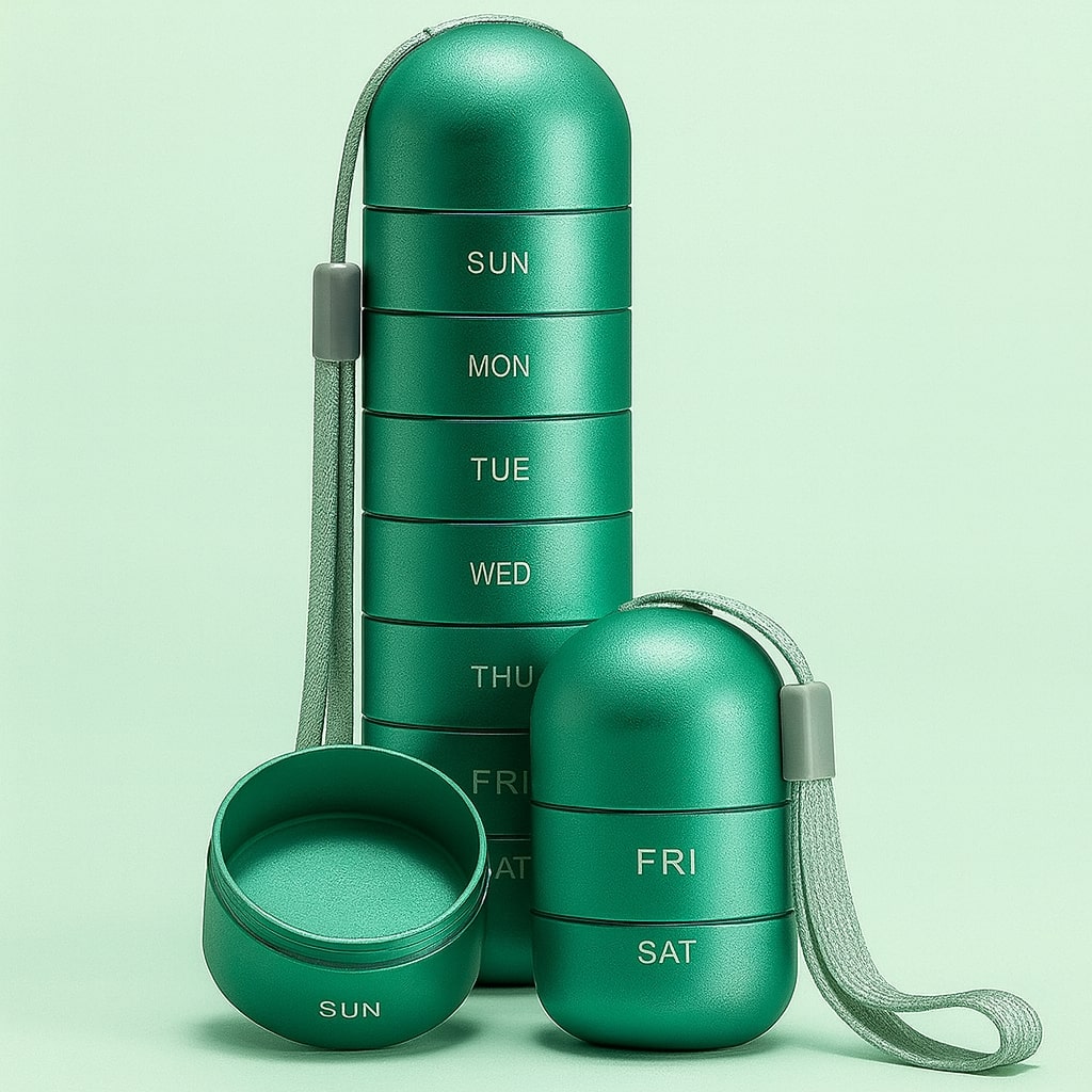 Pilulier cylindrique en aluminium à 7 compartiments