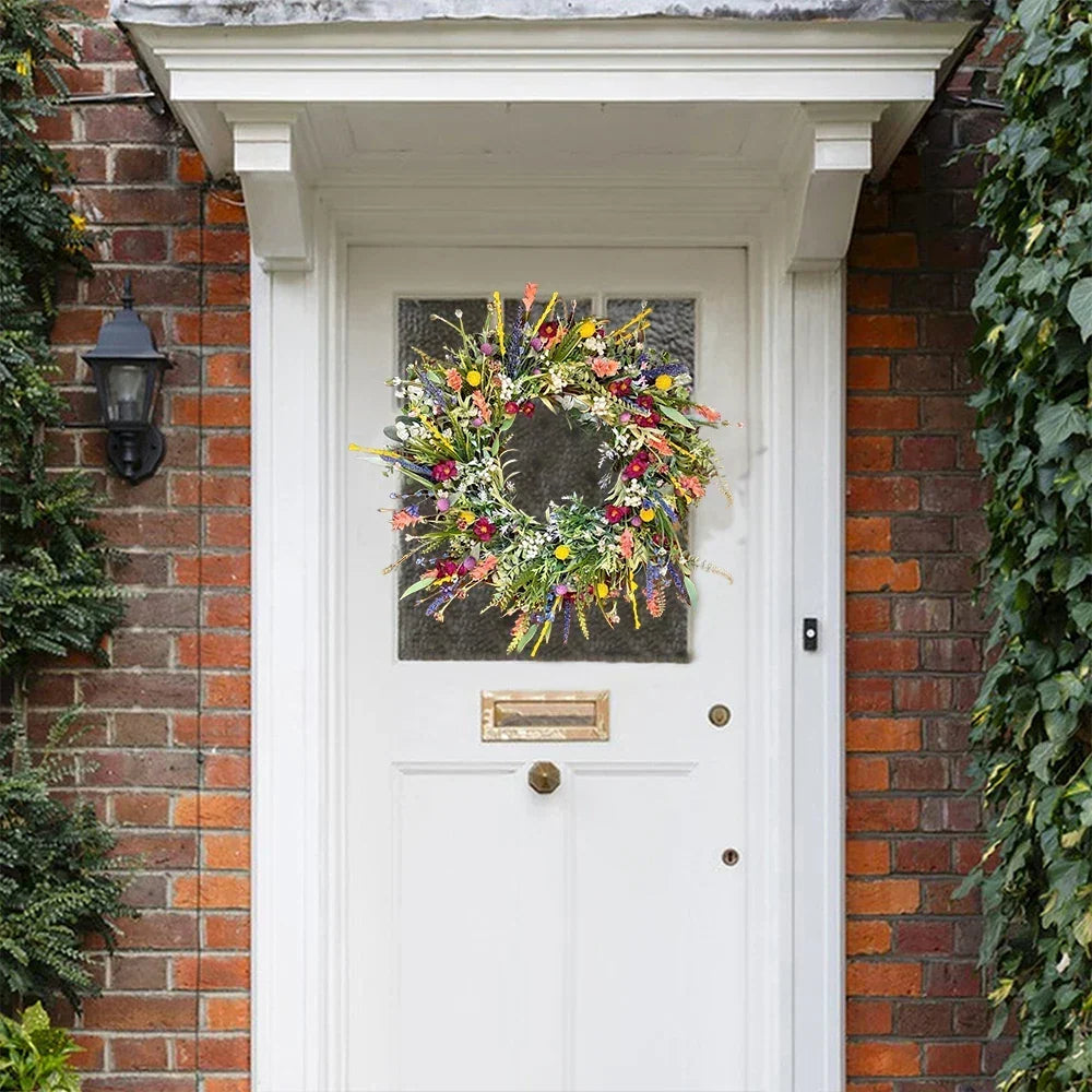 Couronne de porte à fleurs artificielles et base en vigne