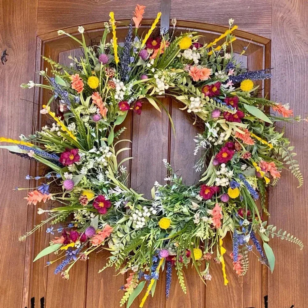 Couronne de porte à fleurs artificielles et base en vigne