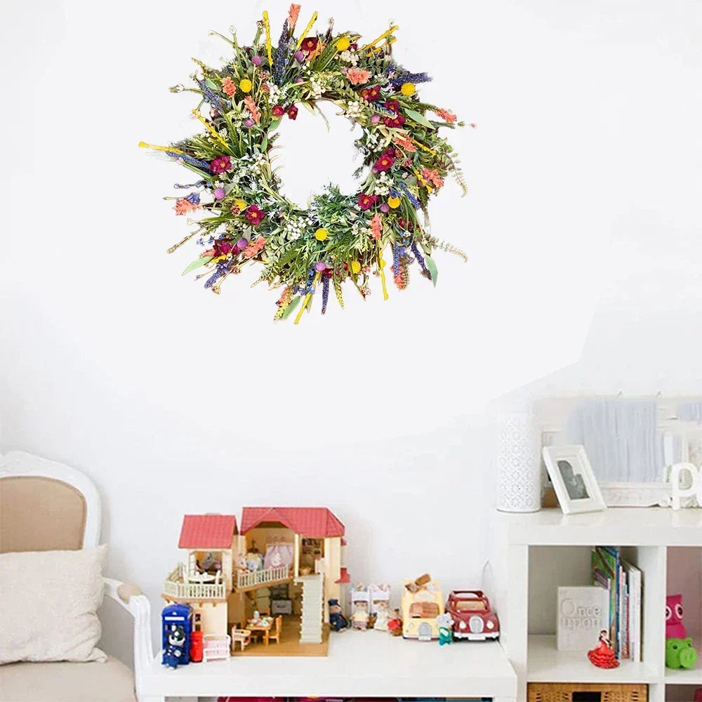 Couronne de porte à fleurs artificielles et base en vigne