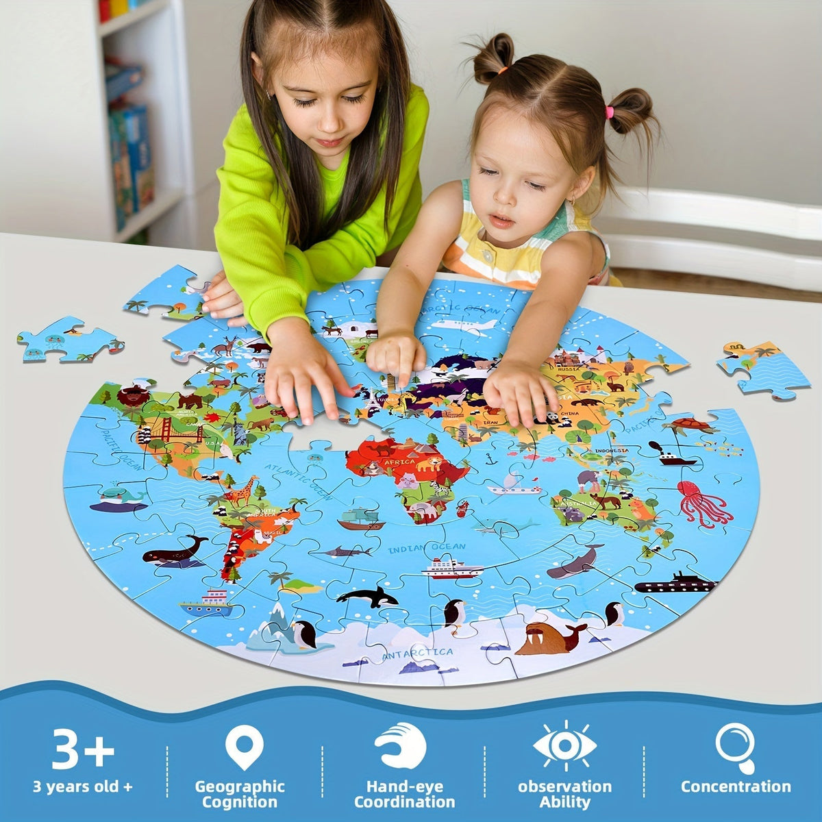 Puzzle rond carte du monde et animaux, 70 pièces, diamètre 580 mm