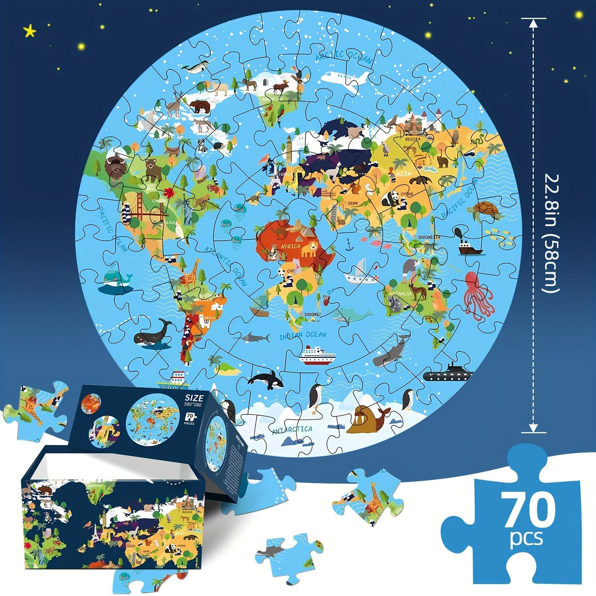 Puzzle rond carte du monde et animaux, 70 pièces, diamètre 580 mm