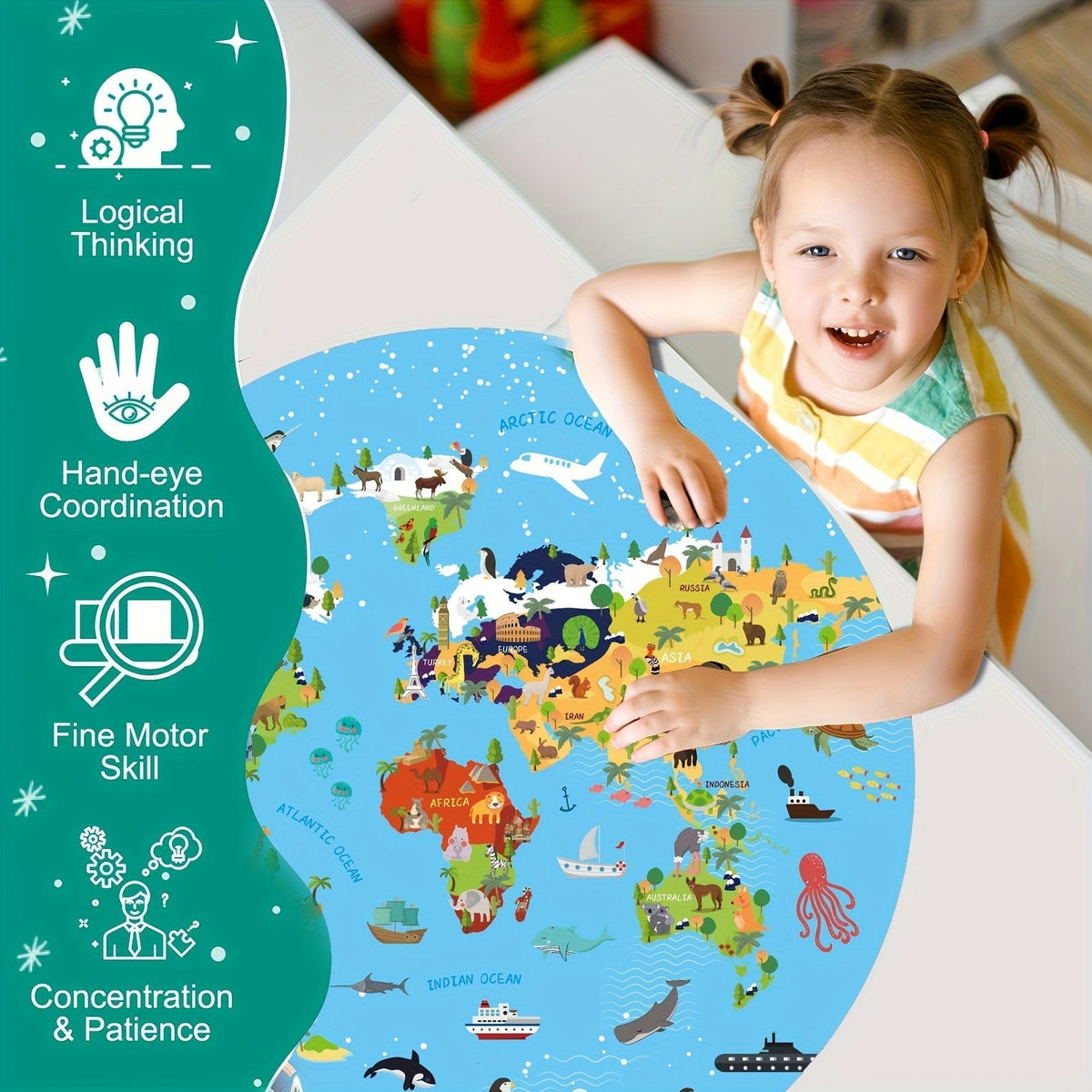 Puzzle rond carte du monde et animaux, 70 pièces, diamètre 580 mm