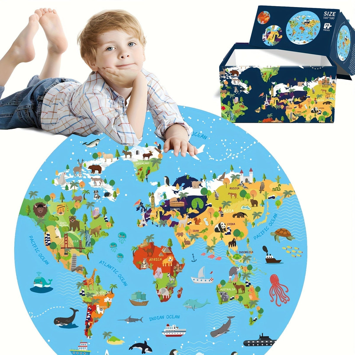 Puzzle rond carte du monde et animaux, 70 pièces, diamètre 580 mm