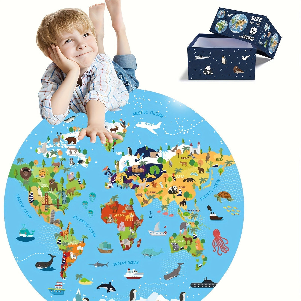 Puzzle rond carte du monde et animaux, 70 pièces, diamètre 580 mm