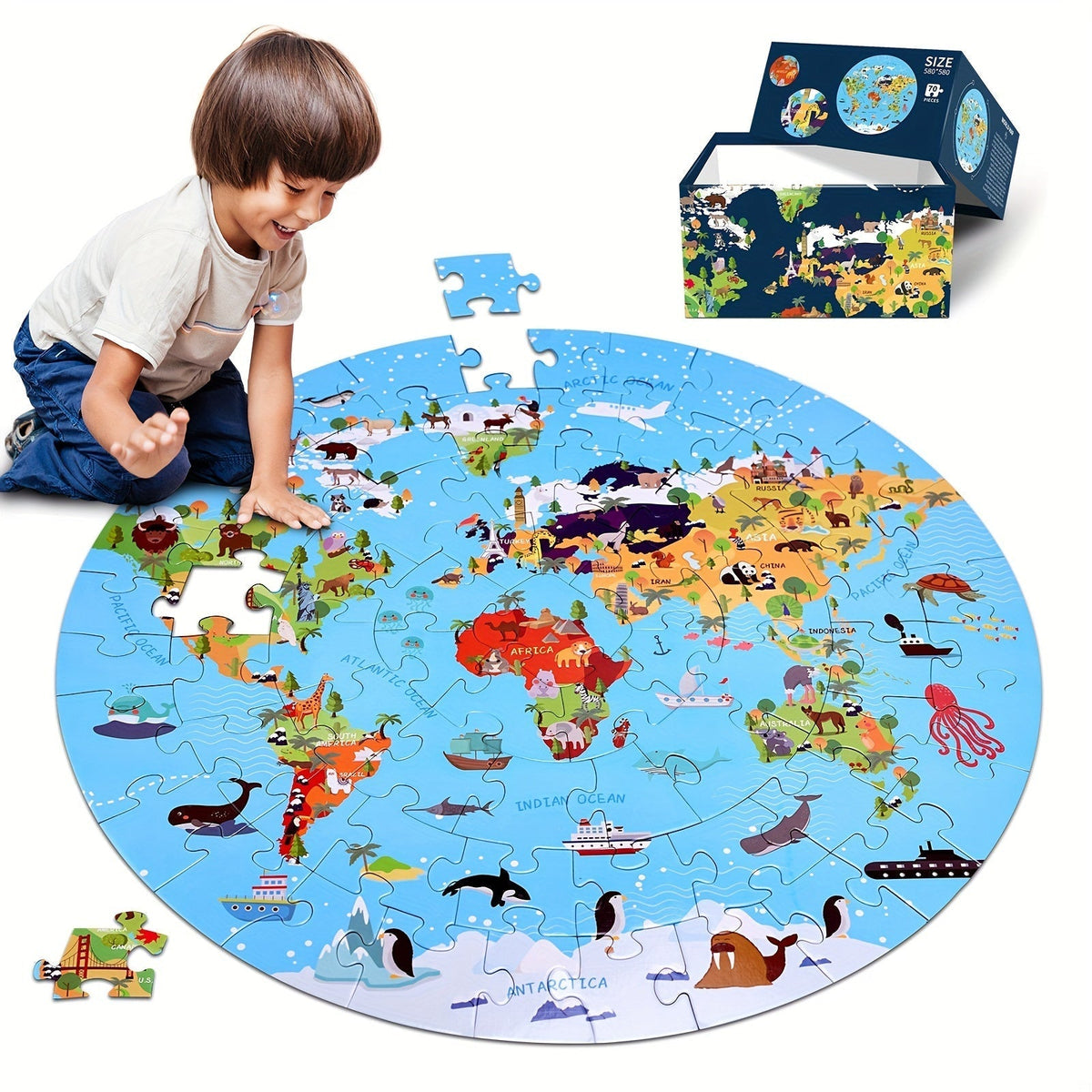 Puzzle rond carte du monde et animaux, 70 pièces, diamètre 580 mm