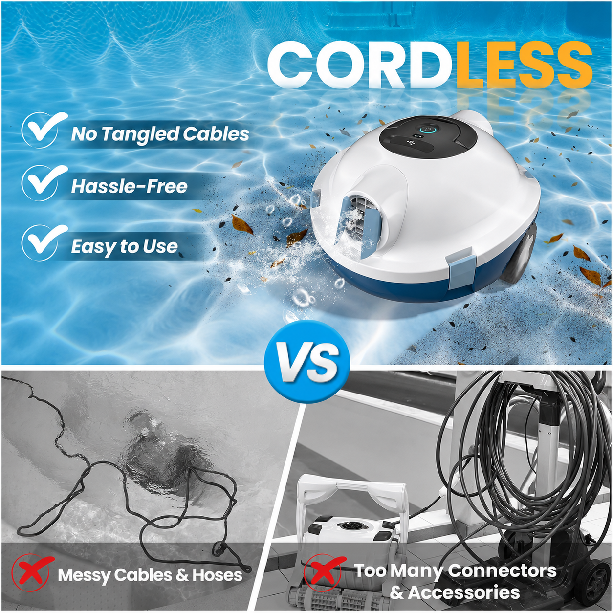 Robot nettoyeur de piscine sans fil – Autonomie 120 min, stationnement automatique, batterie 5200 mAh
